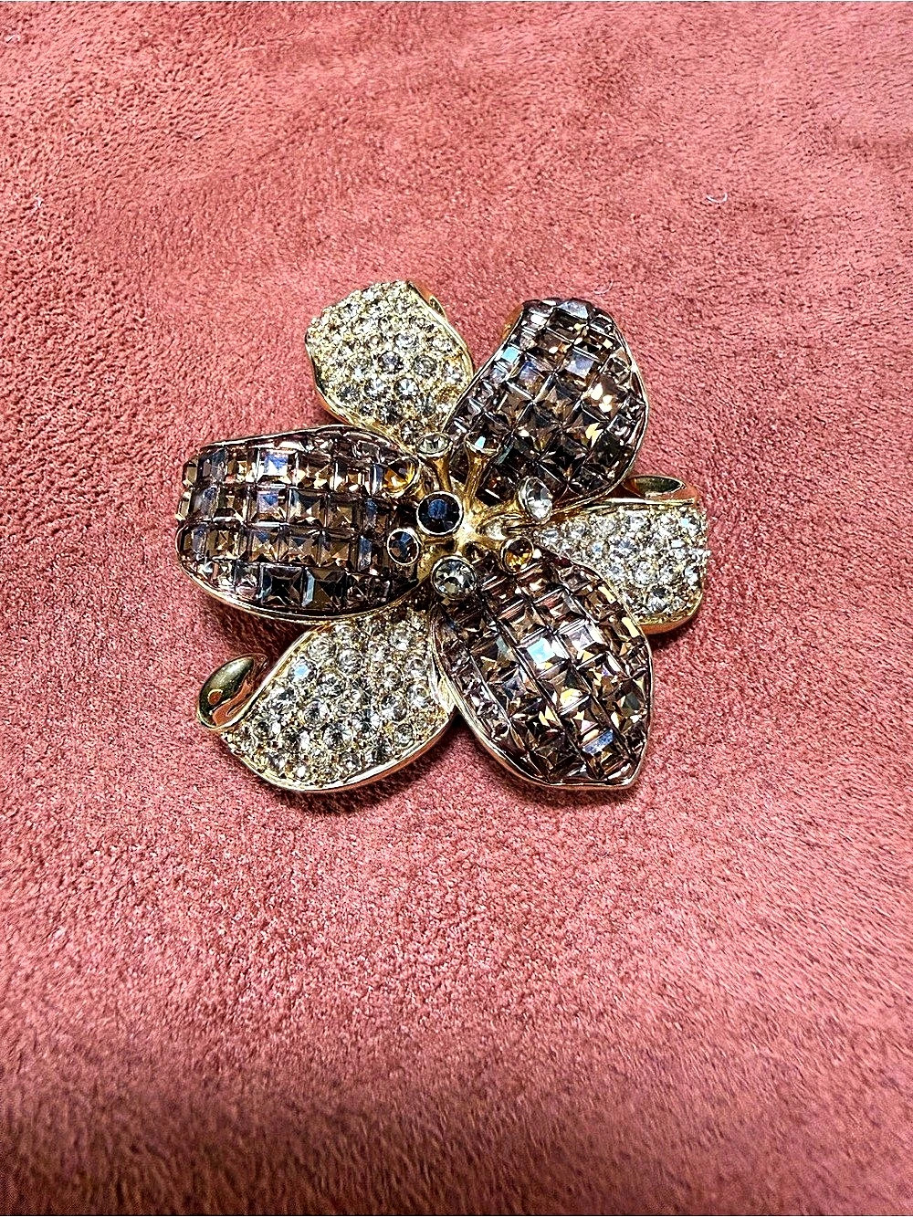 Swarovski Rhinestone Flower Brooch in Gold & Brown
